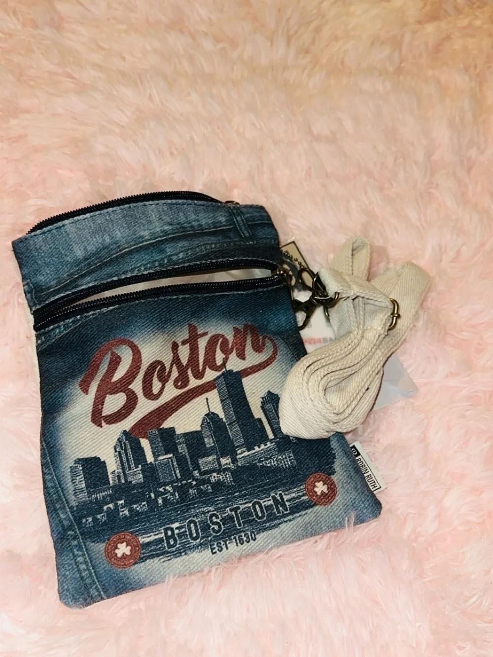 Robin Ruth Denim-Look Crossbody Pouch with Red Script